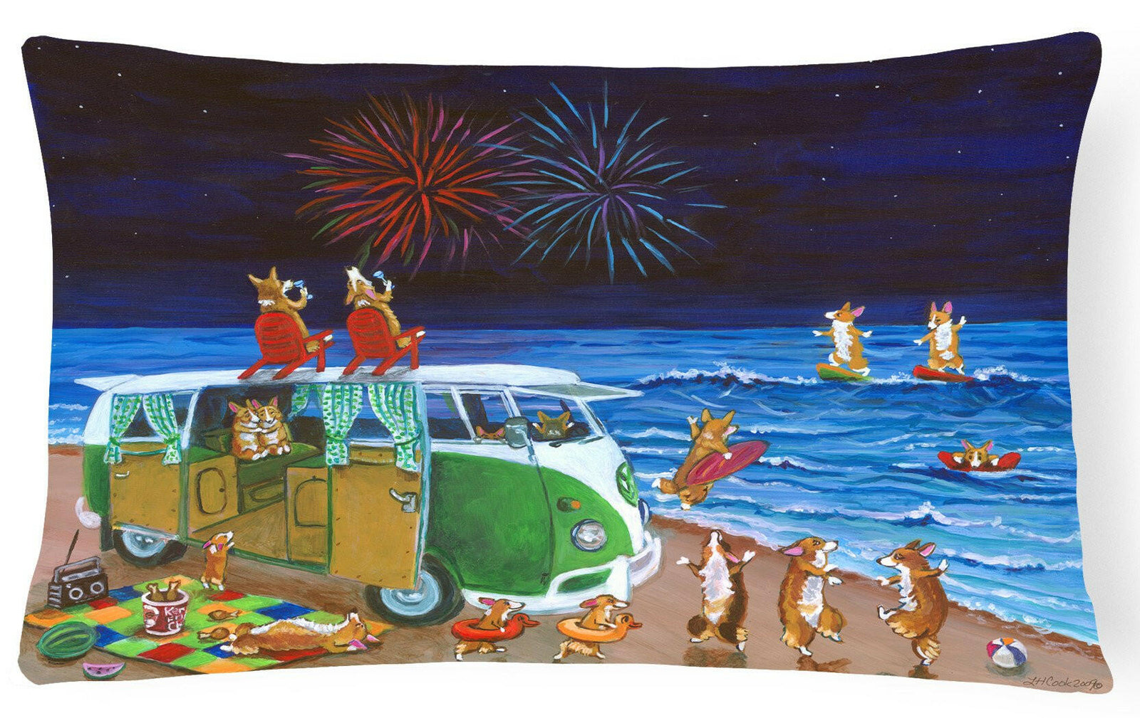 Corgi Beach Party Volkswagon Bus Fireworks Fabric Decorative Pillow 7317PW1216 by Caroline's Treasures