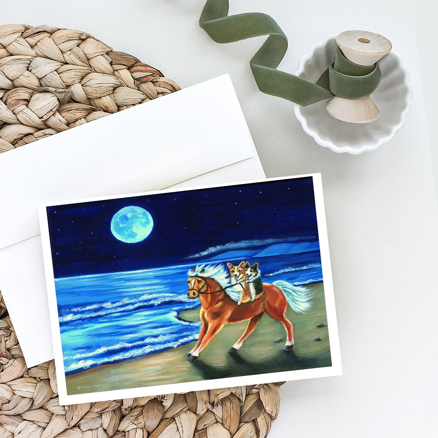 Buy this Corgi Beach Ride on Horse Greeting Cards and Envelopes Pack of 8