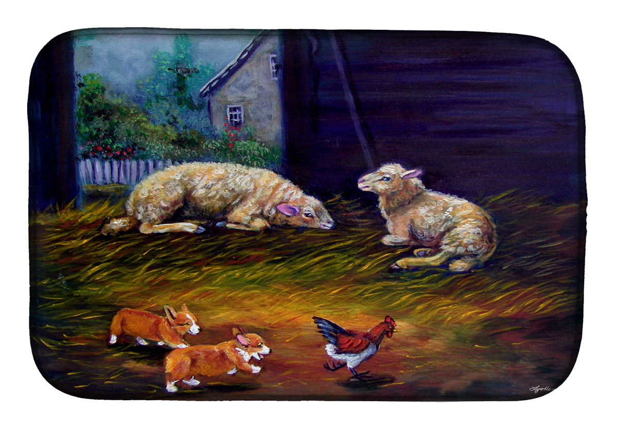 Corgi Chaos in the barn with sheep Dish Drying Mat 7322DDM  the-store.com.