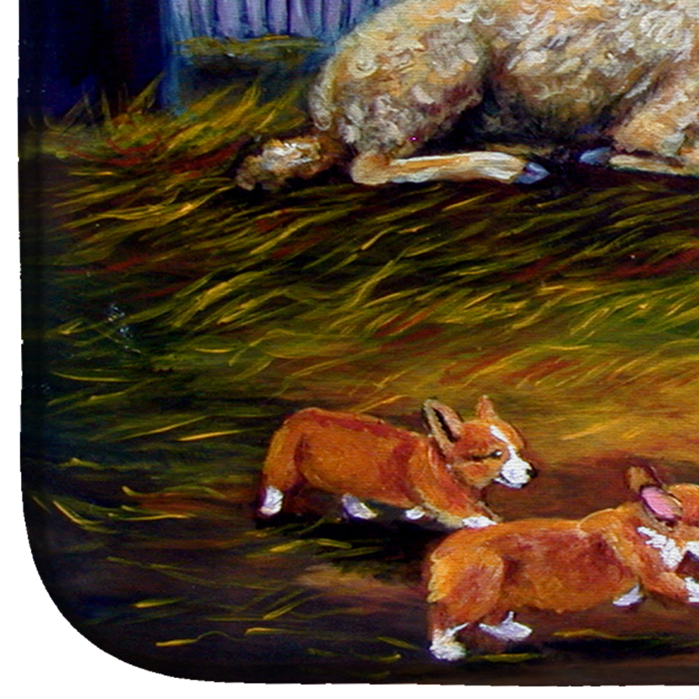 Corgi Chaos in the barn with sheep Dish Drying Mat 7322DDM  the-store.com.