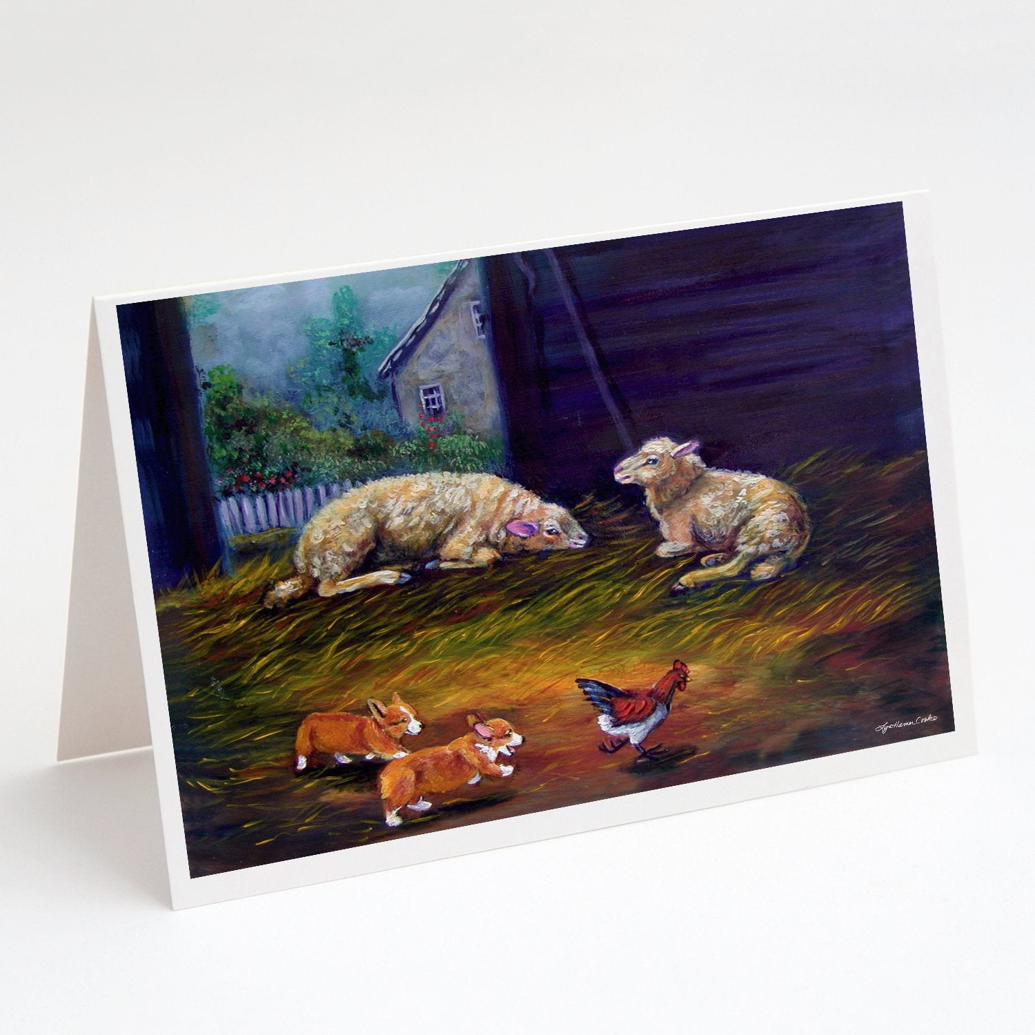 Buy this Corgi Chaos in the barn with sheep Greeting Cards and Envelopes Pack of 8