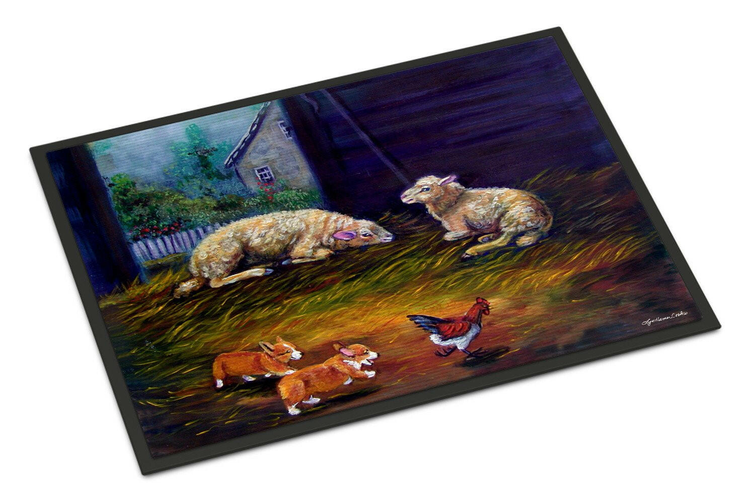 Corgi Chaos in the barn with sheep Indoor or Outdoor Mat 24x36 7322JMAT - the-store.com