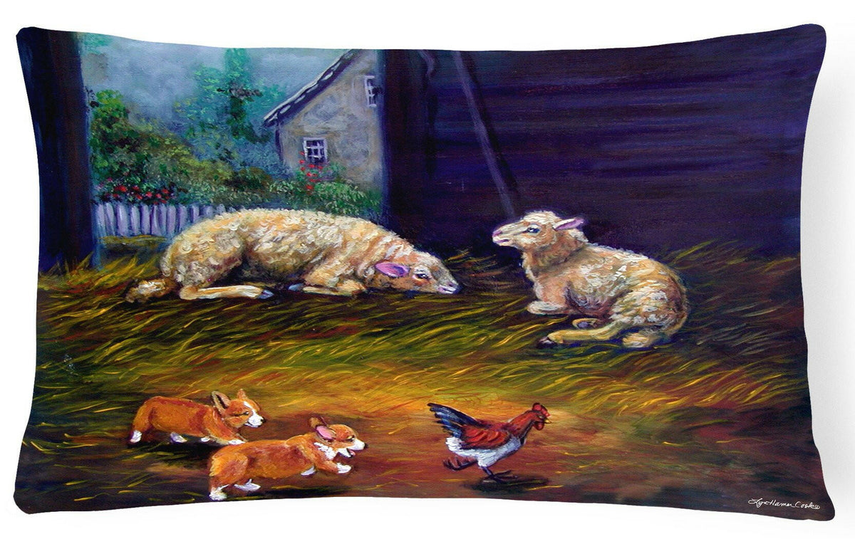 Corgi Chaos in the barn with sheep Fabric Decorative Pillow 7322PW1216 by Caroline&#39;s Treasures