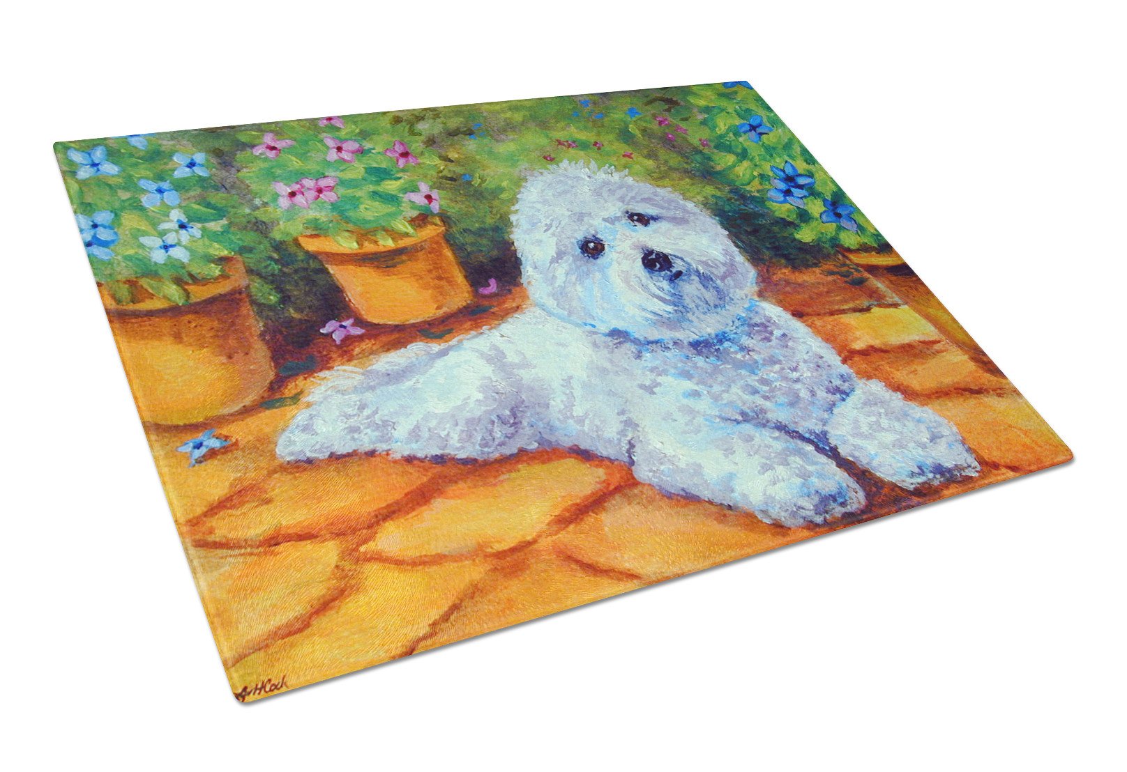 Bichon Frise on the patio Glass Cutting Board Large 7346LCB by Caroline's Treasures