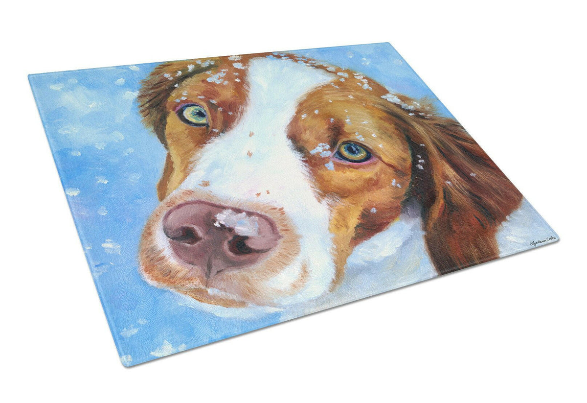 Snow Baby Brittany Spaniel Glass Cutting Board Large 7348LCB by Caroline&#39;s Treasures