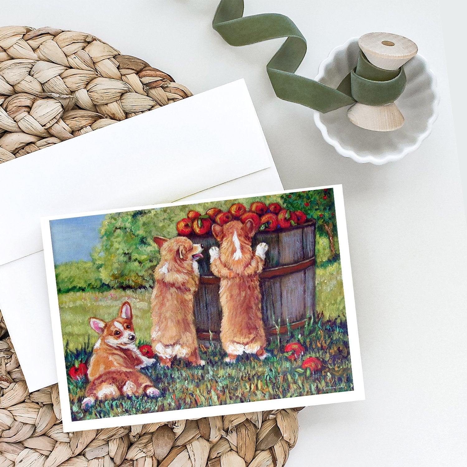 Buy this Apple Helper Corgis Greeting Cards and Envelopes Pack of 8