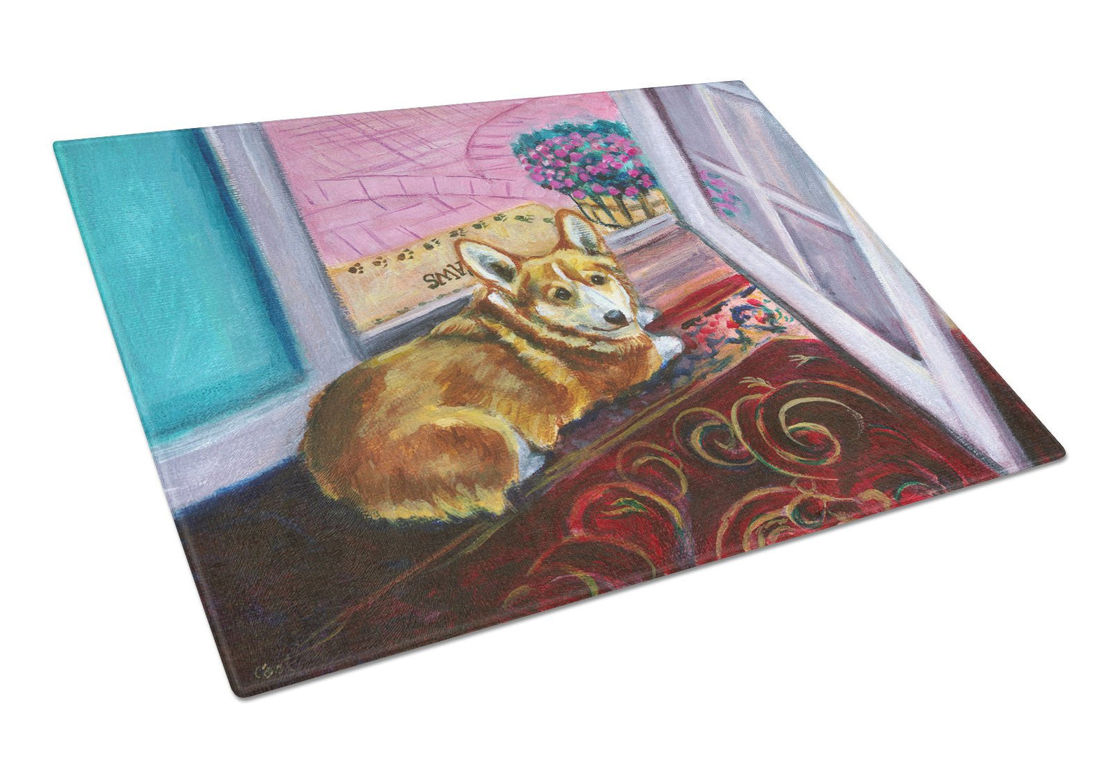 Corgi Watching from the Door Glass Cutting Board Large 7410LCB by Caroline's Treasures