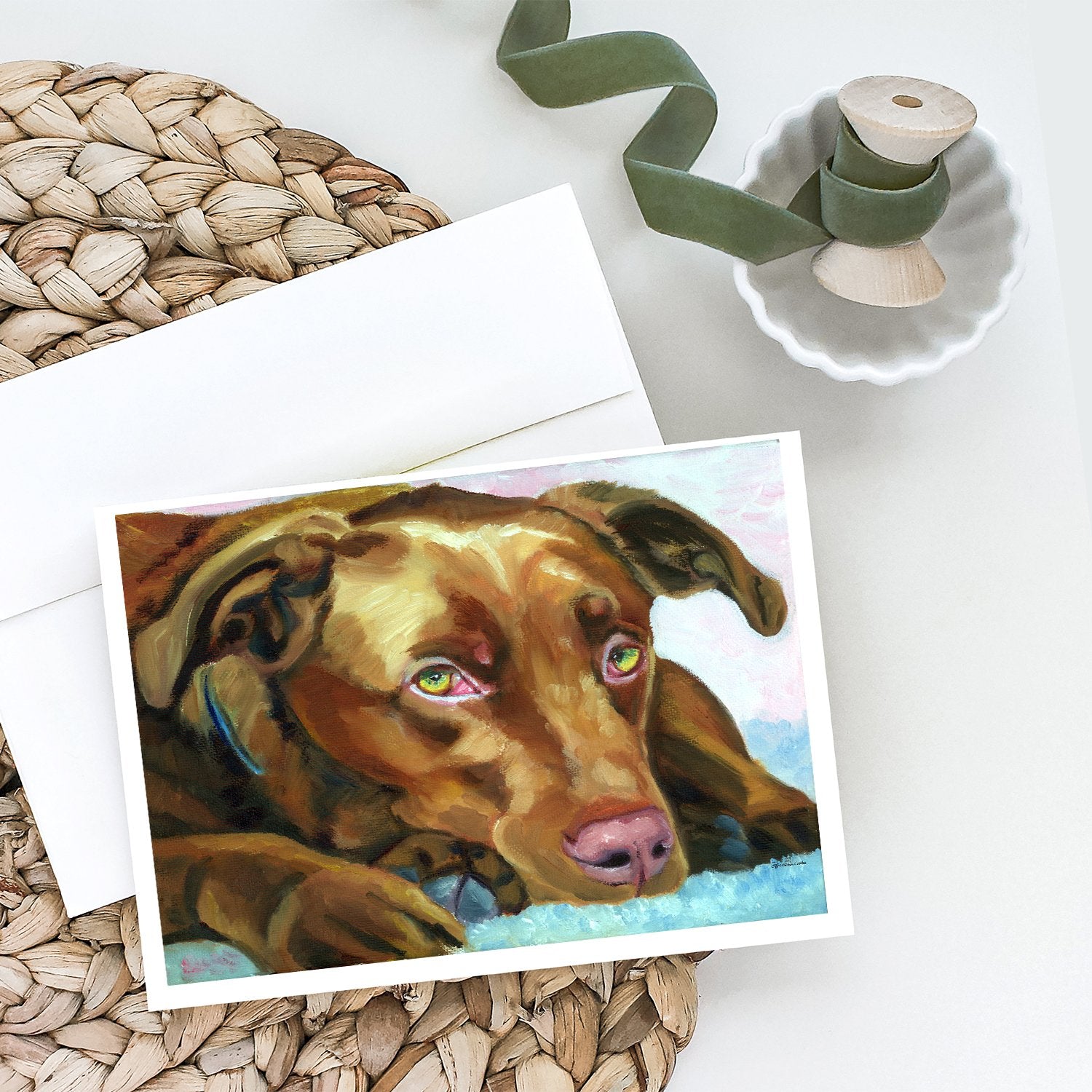 Chocolate Labrador Waiting Greeting Cards and Envelopes Pack of 8 - the-store.com