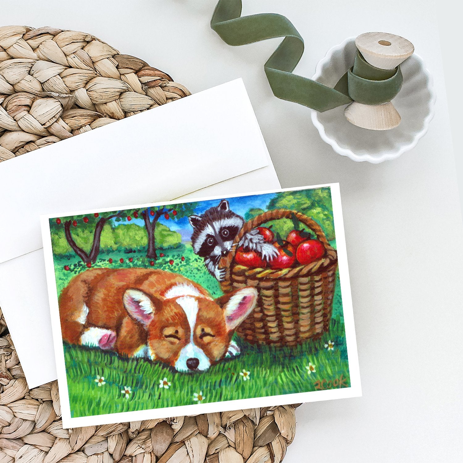 Corgi with the Racoon Apple Thief Greeting Cards and Envelopes Pack of 8 - the-store.com