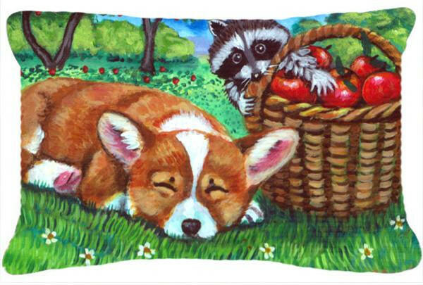 Corgi with the Racoon Apple Thief Fabric Decorative Pillow 7430PW1216 by Caroline&#39;s Treasures