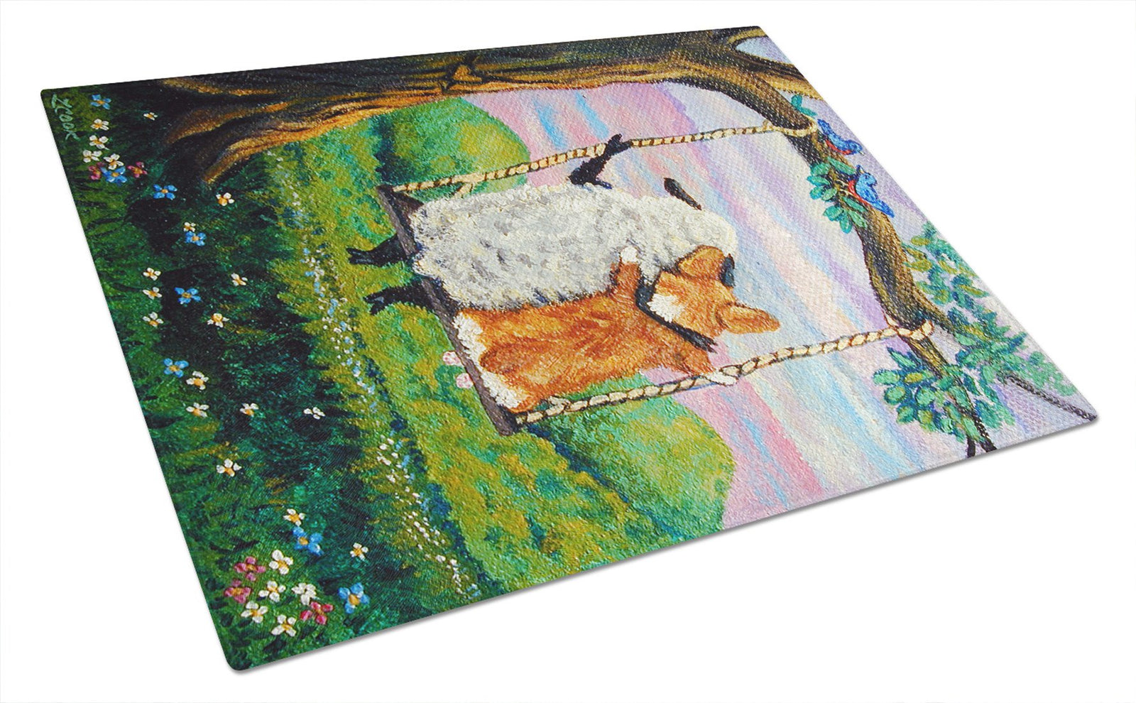 Corgi With Sheep Love Grows Glass Cutting Board Large 7439LCB by Caroline's Treasures