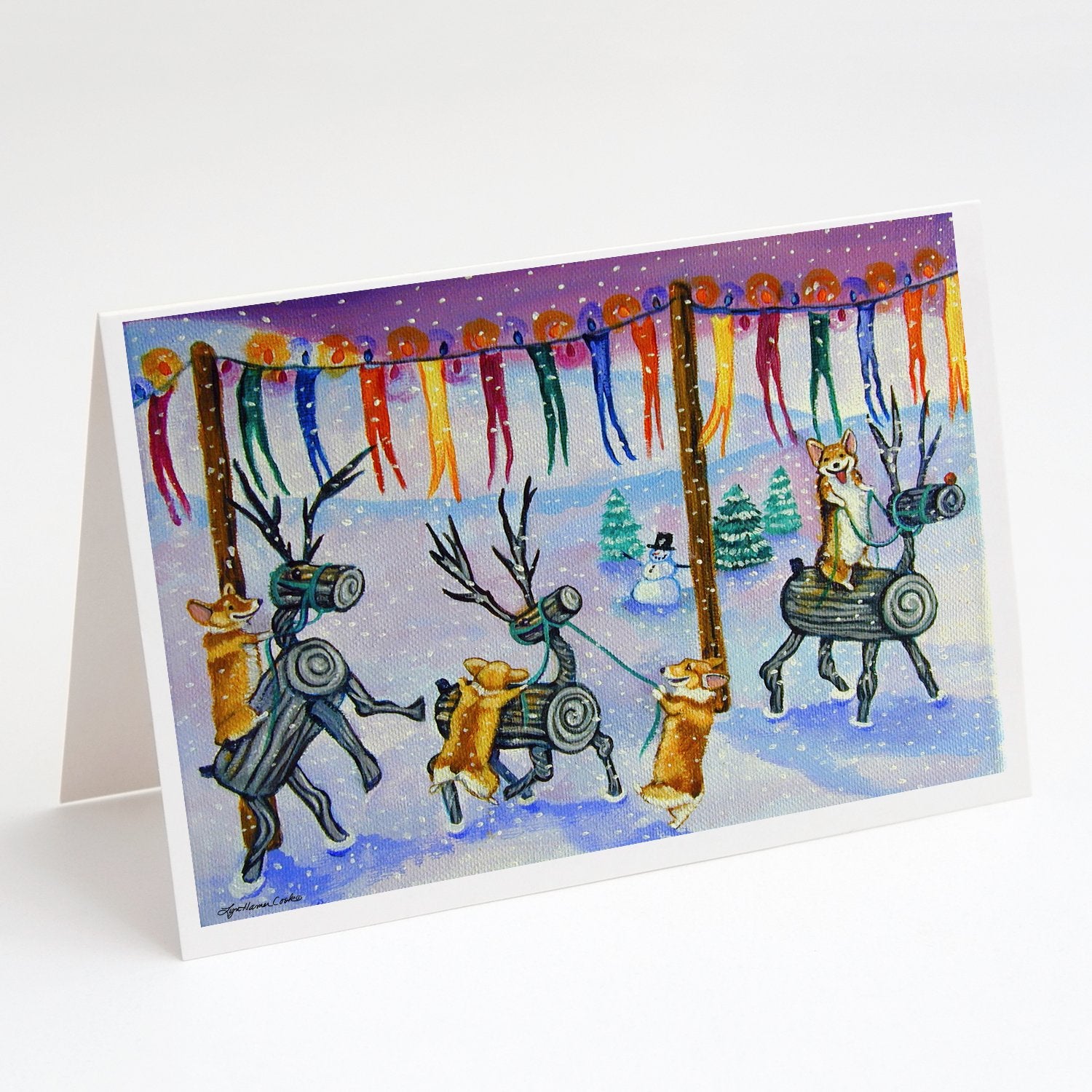 Buy this Corgi Log Reindeer Race Christmas Greeting Cards and Envelopes Pack of 8