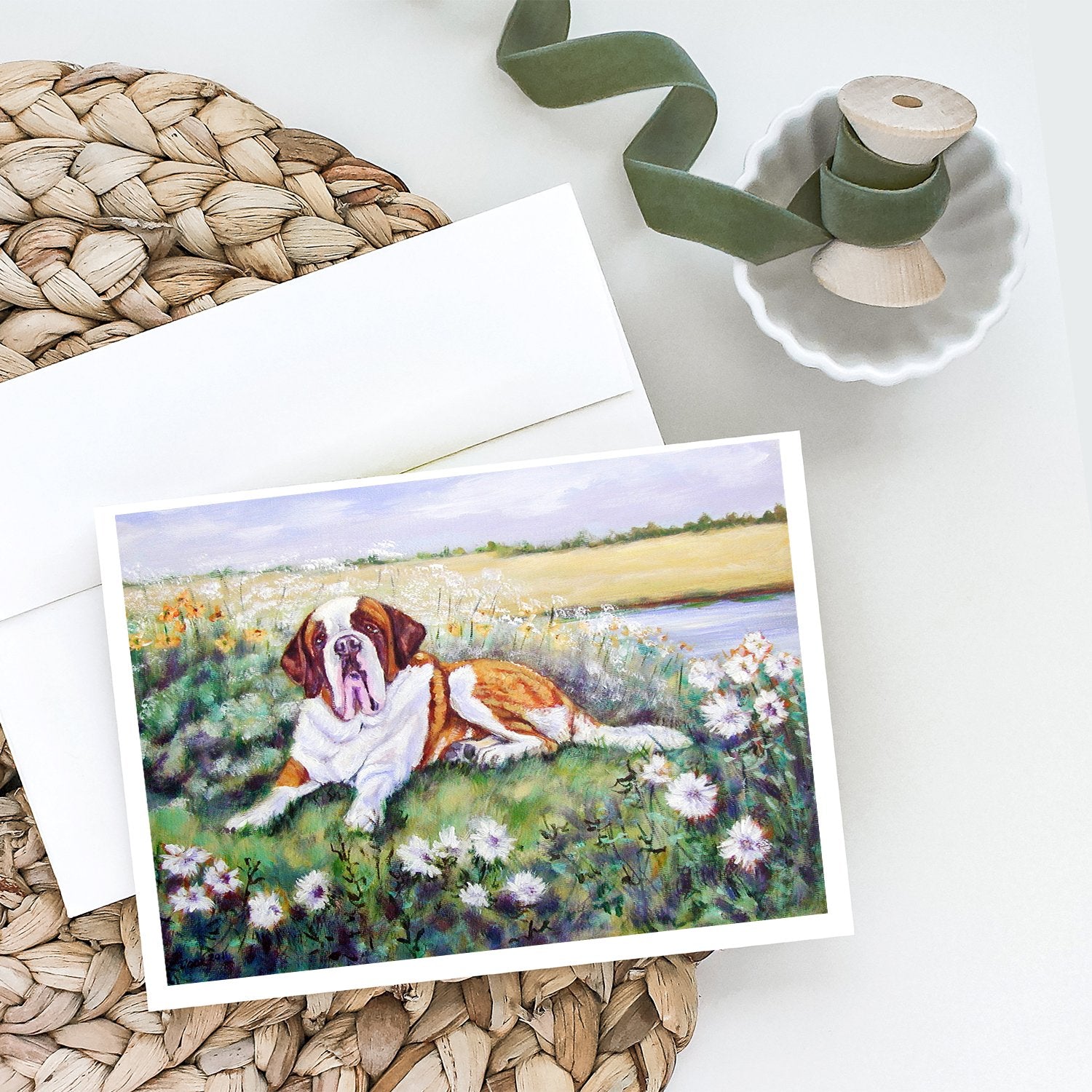 Saint Bernard in Flowers Greeting Cards and Envelopes Pack of 8 - the-store.com