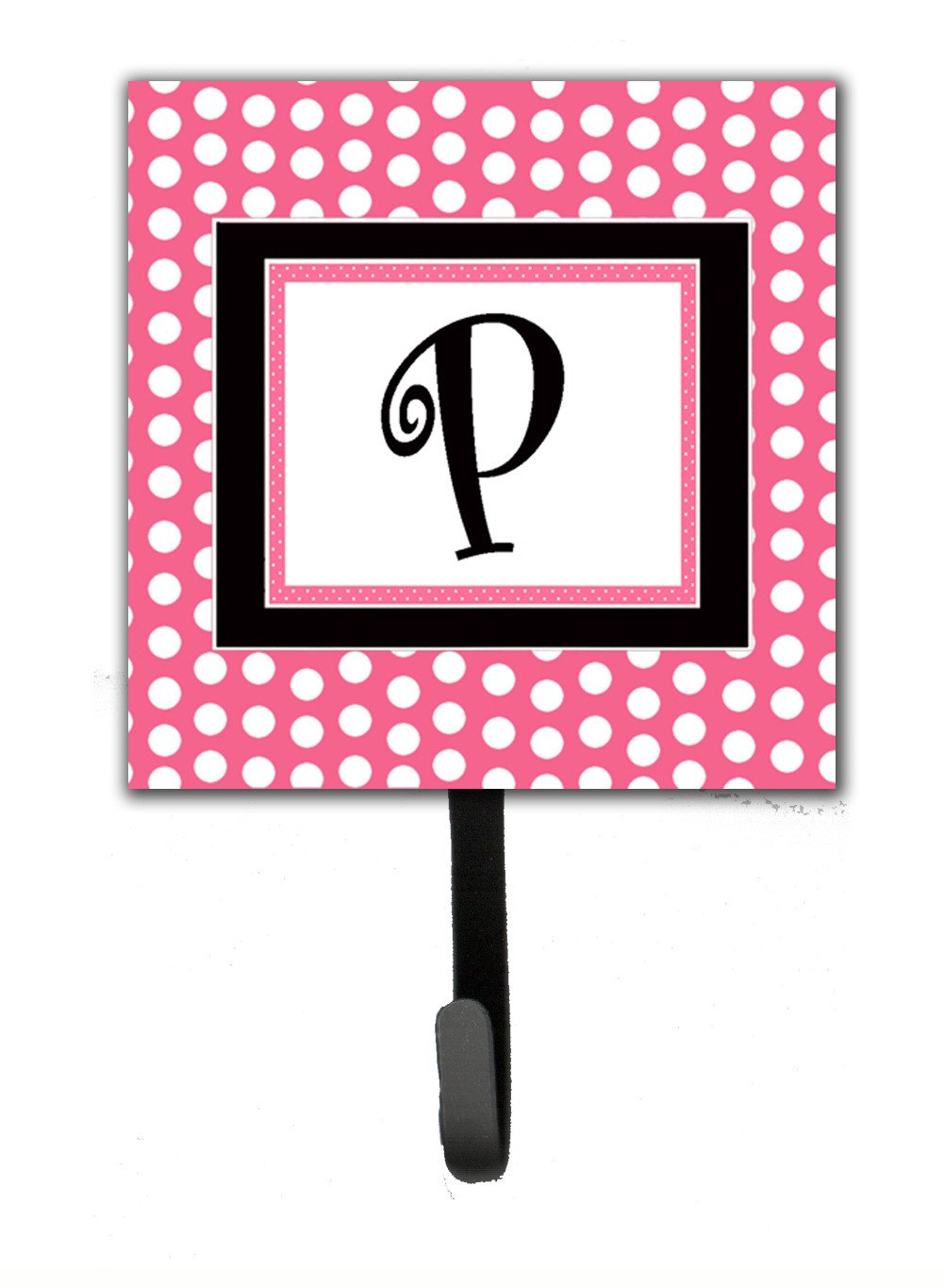 Letter P Initial Monogram - Pink Black Polka Dots Leash Holder or Key Hook by Caroline's Treasures