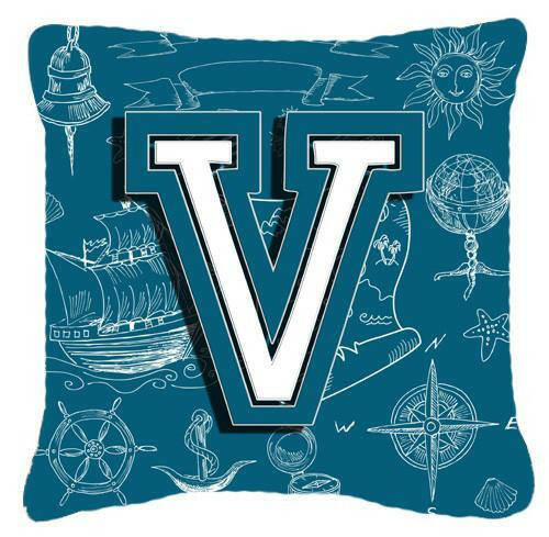 Letter V Sea Doodles Initial Alphabet Canvas Fabric Decorative Pillow CJ2014-VPW1414 by Caroline&#39;s Treasures