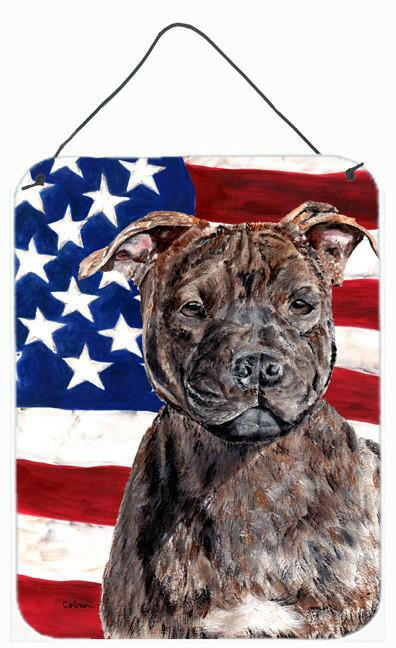 Staffordshire Bull Terrier Staffie with American Flag USA Wall or Door Hanging Prints SC9633DS1216 by Caroline&#39;s Treasures