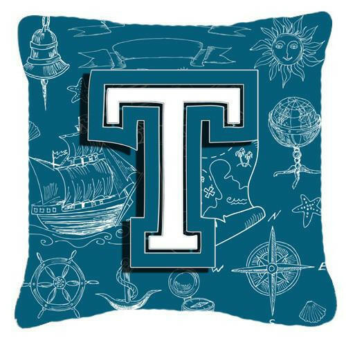 Letter T Sea Doodles Initial Alphabet Canvas Fabric Decorative Pillow CJ2014-TPW1414 by Caroline&#39;s Treasures