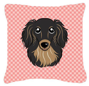 Checkerboard Pink Longhair Black and Tan Dachshund Canvas Fabric Decorative Pillow BB1213PW1414 - the-store.com