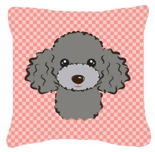 Checkerboard Pink Silver Gray Poodle Canvas Fabric Decorative Pillow BB1259PW1414 - the-store.com