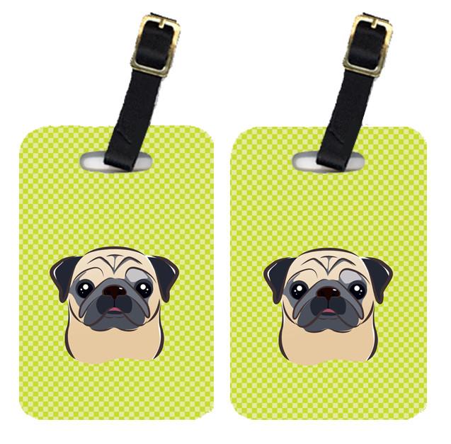 Pair of Checkerboard Lime Green Fawn Pug Luggage Tags BB1324BT by Caroline&#39;s Treasures