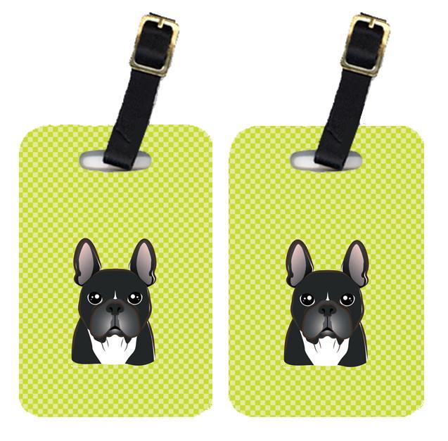 Pair of Checkerboard Lime Green French Bulldog Luggage Tags BB1289BT by Caroline&#39;s Treasures