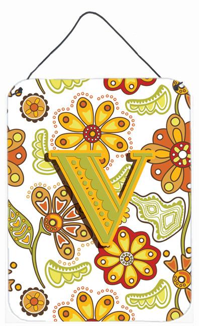 Letter V Floral Mustard and Green Wall or Door Hanging Prints CJ2003-VDS1216 by Caroline&#39;s Treasures
