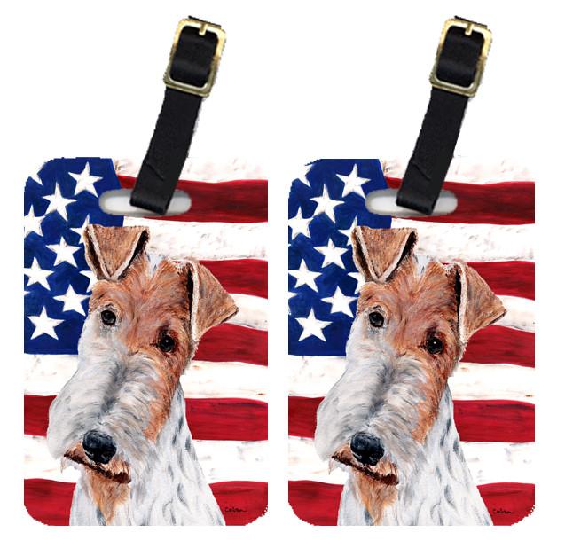 Caroline's Treasures Wire Fox Terrier with American Flag USA Luggage Tags – Set of 2 Durable Bag Tags with Straps SC9628BT