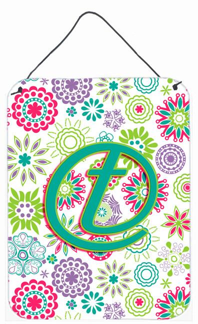 Letter T Flowers Pink Teal Green Initial Wall or Door Hanging Prints CJ2011-TDS1216 by Caroline's Treasures