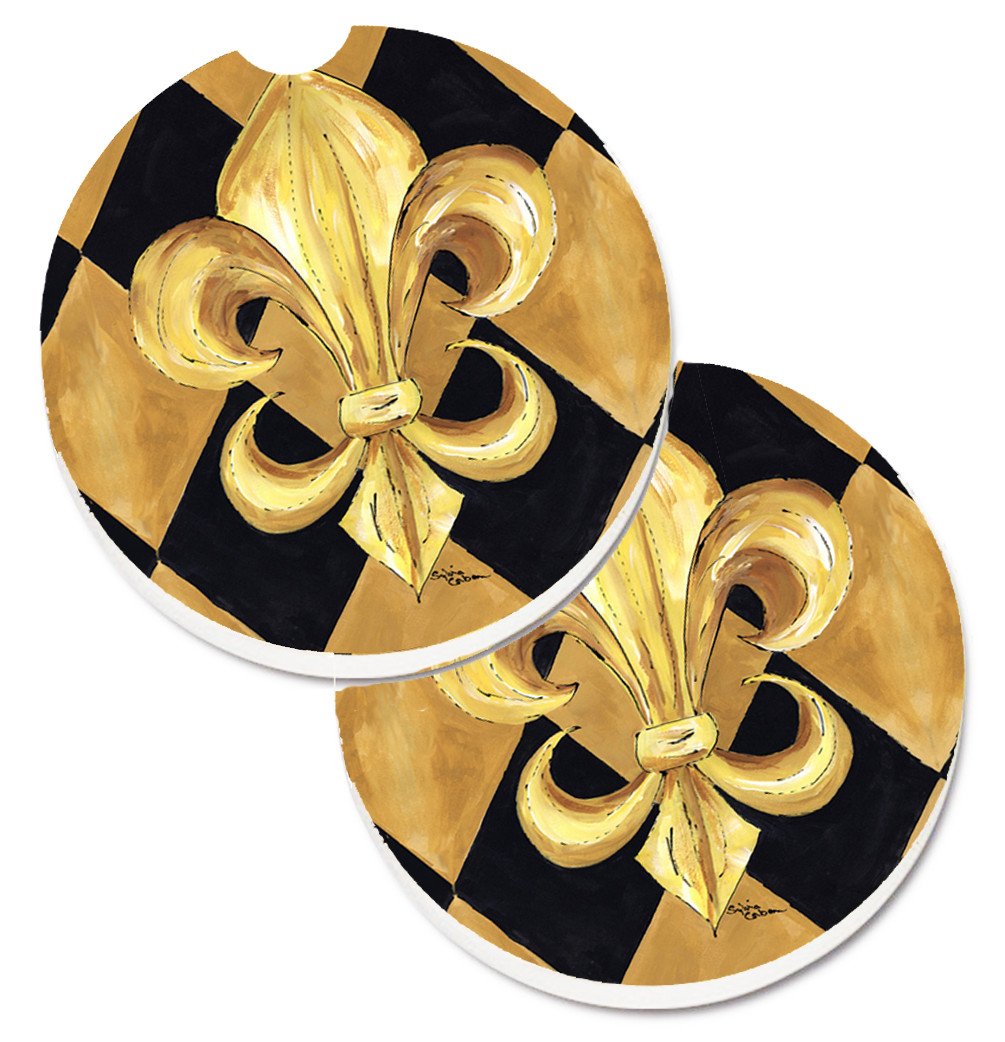Black and Gold Fleur de lis New Orleans Set of 2 Cup Holder Car Coasters 8125CARC by Caroline&#39;s Treasures