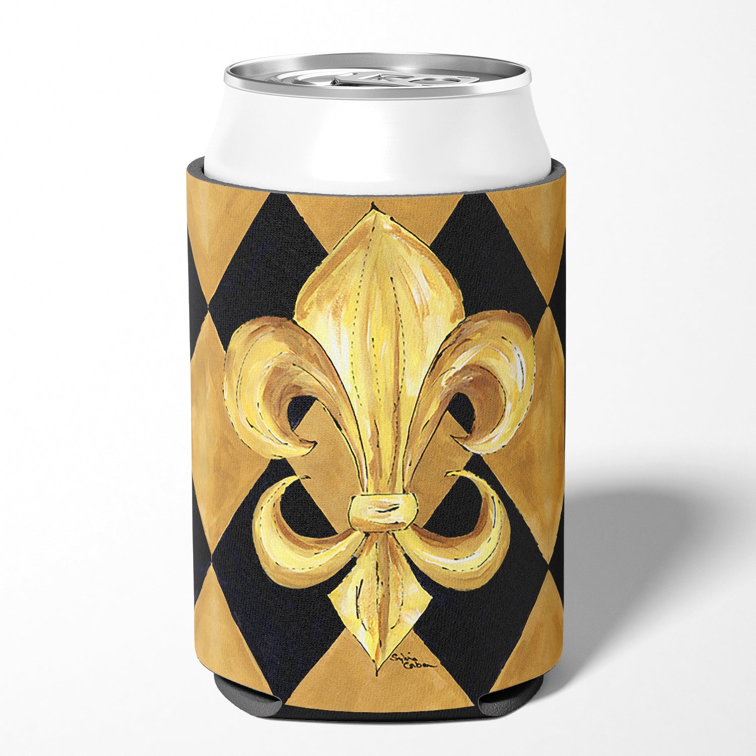 Black and Gold Fleur de lis New Orleans Can or Bottle Beverage Insulator Hugger