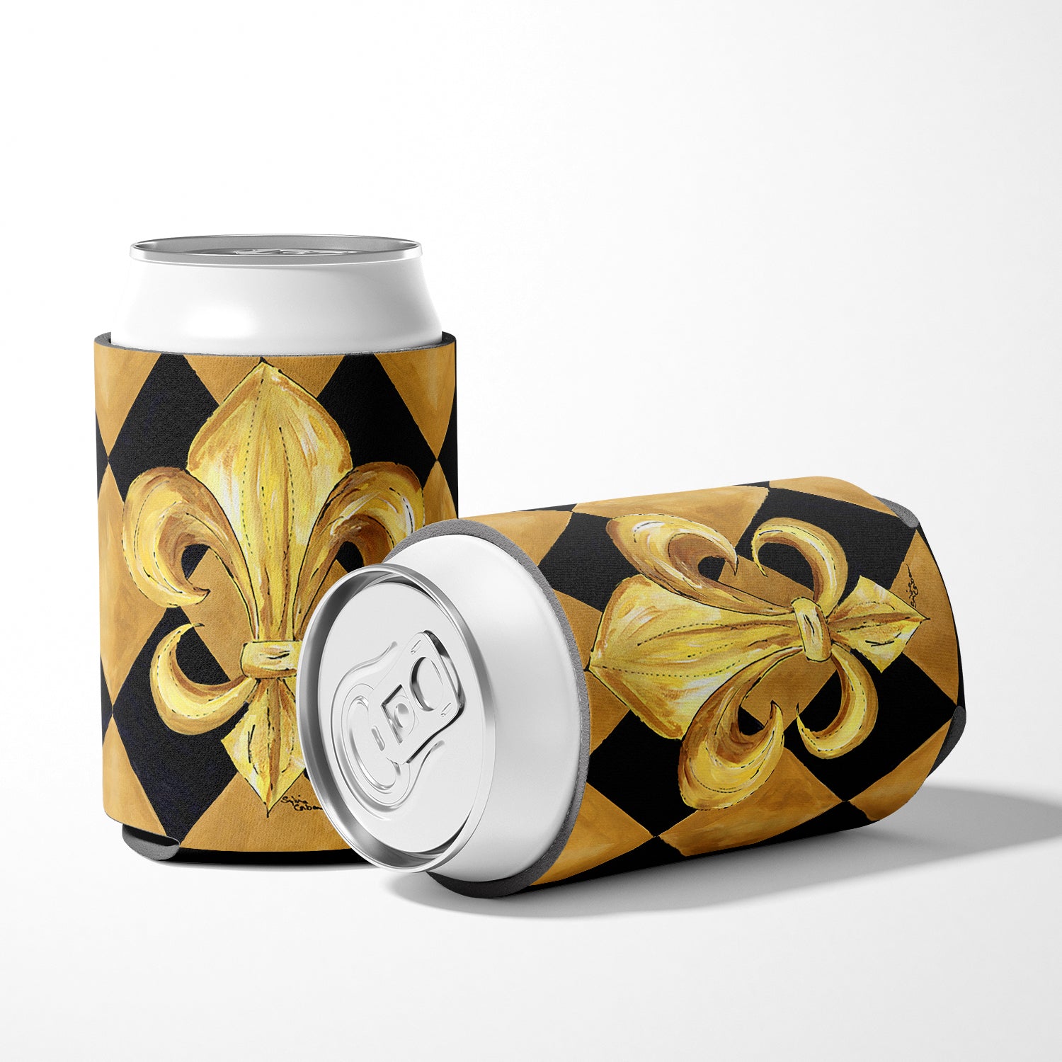 Black and Gold Fleur de lis New Orleans Can or Bottle Beverage Insulator Hugger.