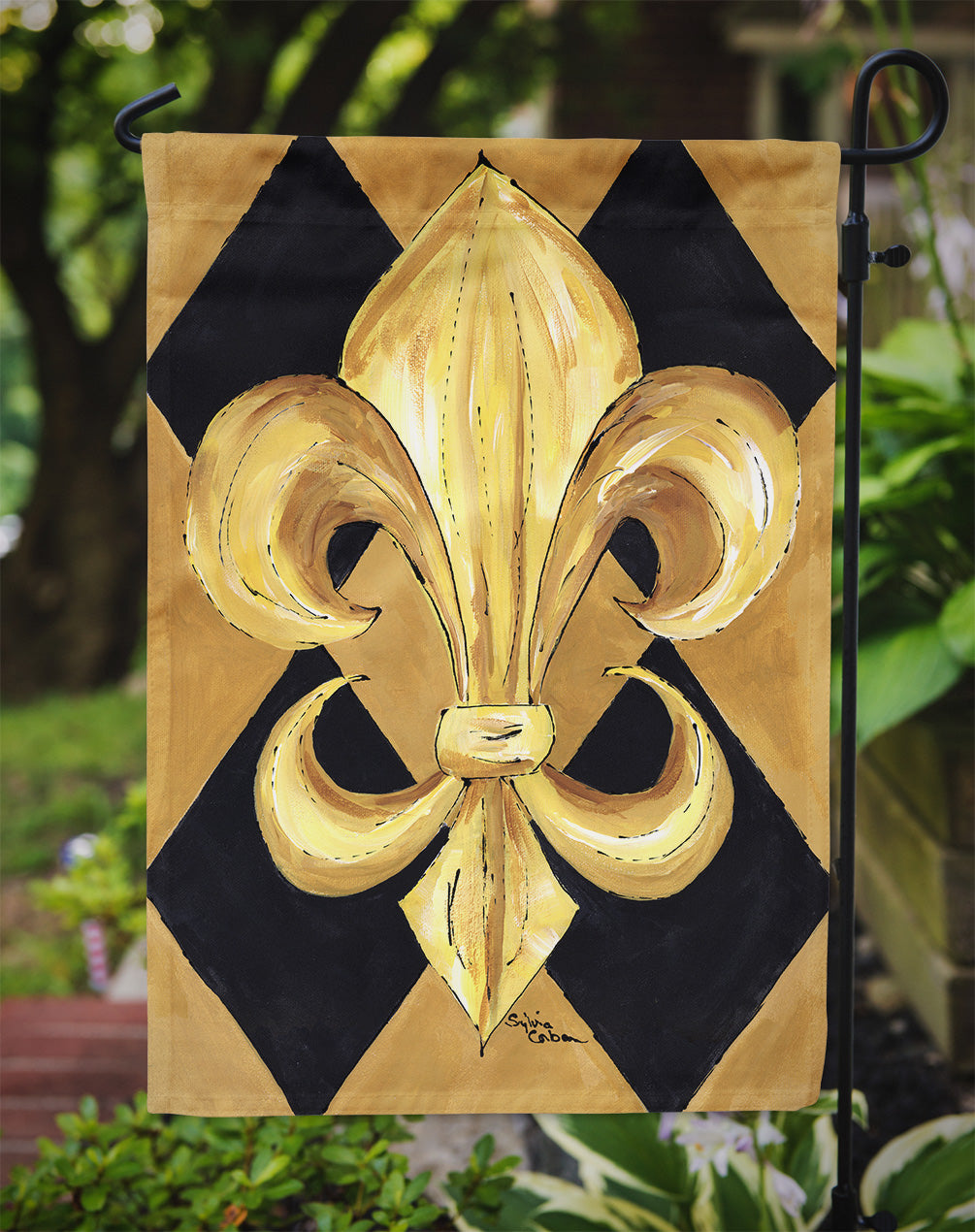 Black and Gold Fleur de lis New Orleans Flag Garden Size.