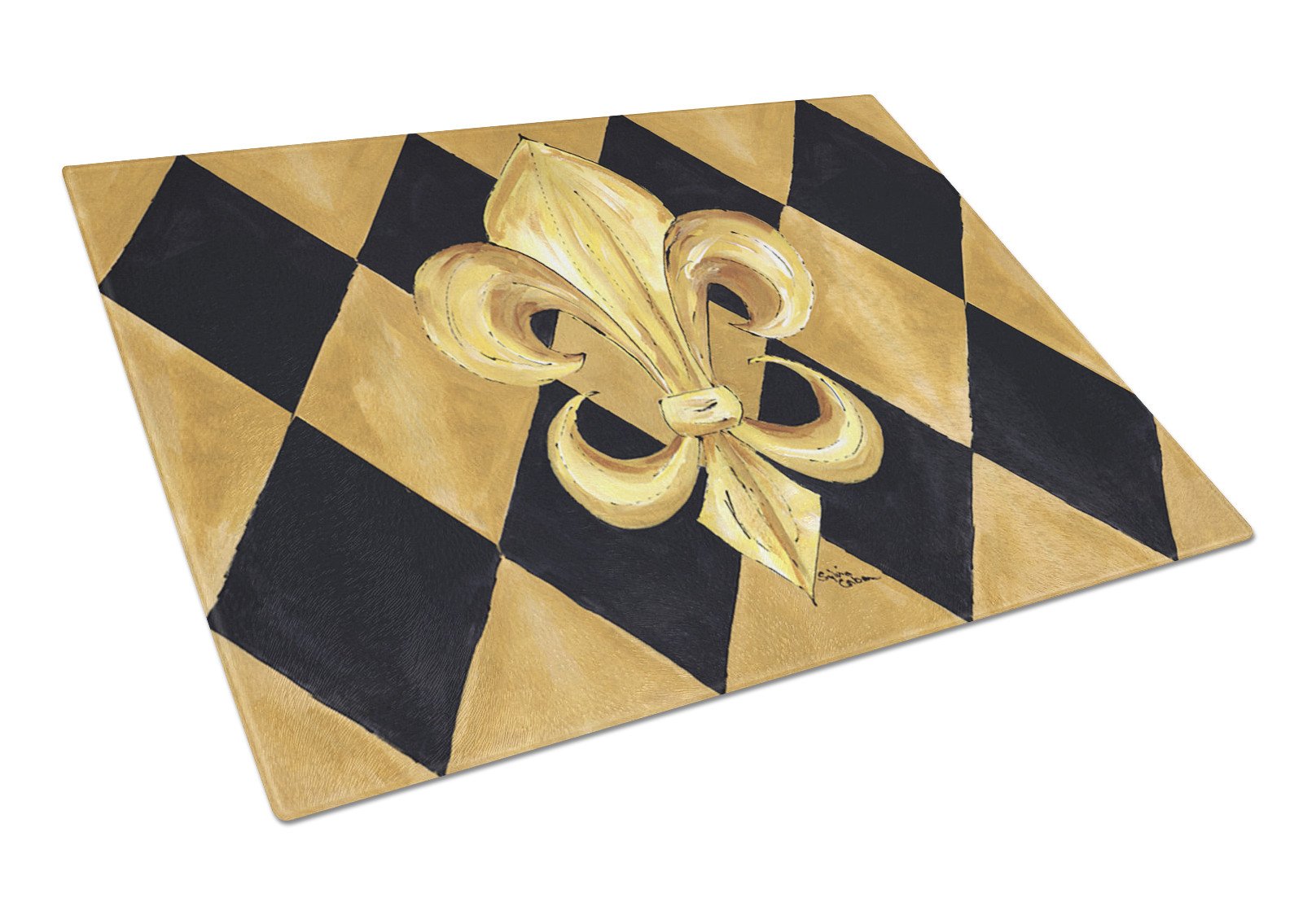 Black and Gold Fleur de lis New Orleans Glass Cutting Board Large by Caroline's Treasures