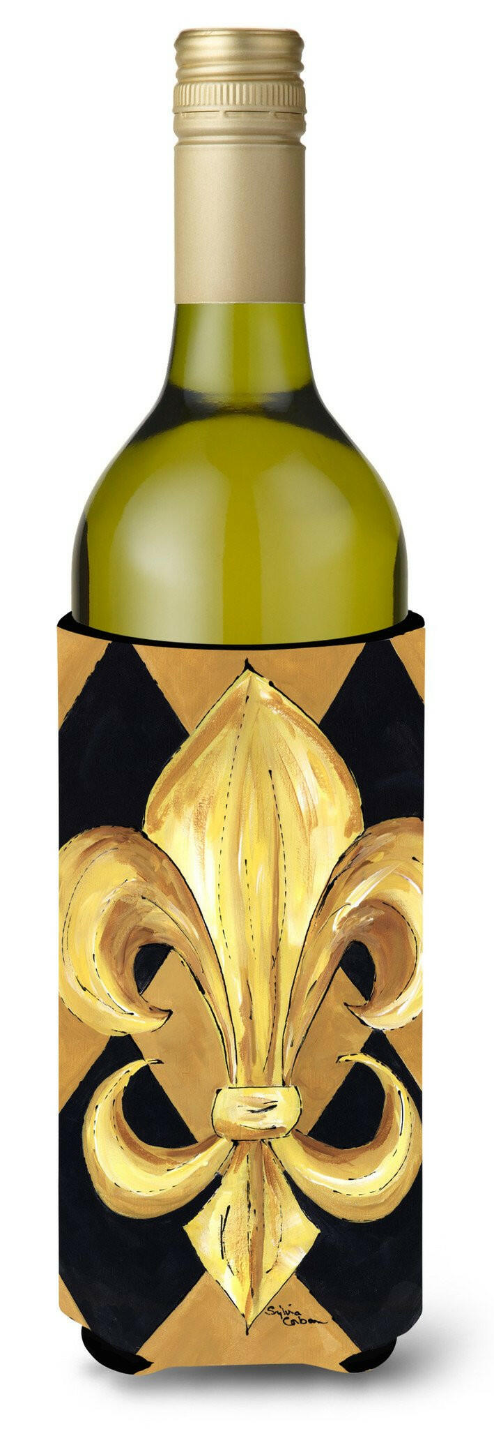 Black and Gold Fleur de lis New Orleans Wine Bottle Beverage Insulator Beverage Insulator Hugger by Caroline&#39;s Treasures