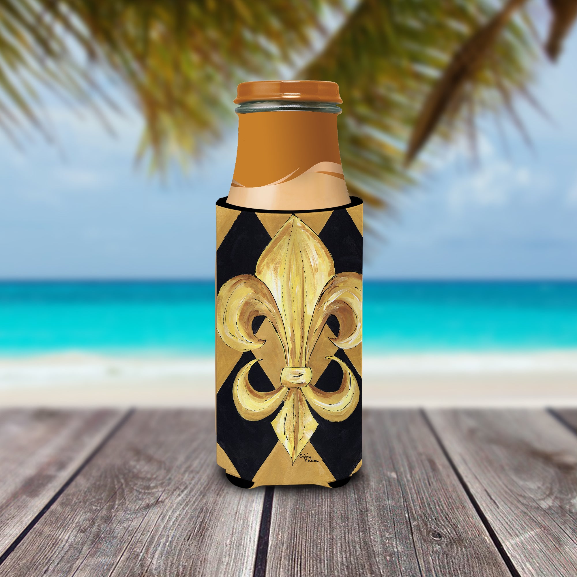 Black and Gold Fleur de lis New Orleans Ultra Beverage Insulators for slim cans 8125MUK.