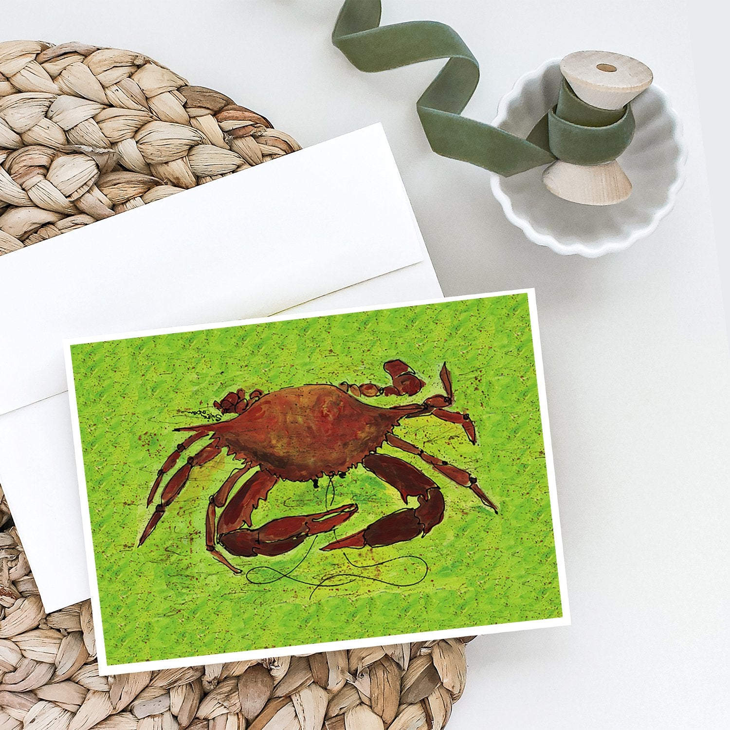 Crab on Green Greeting Cards and Envelopes Pack of 8 - the-store.com