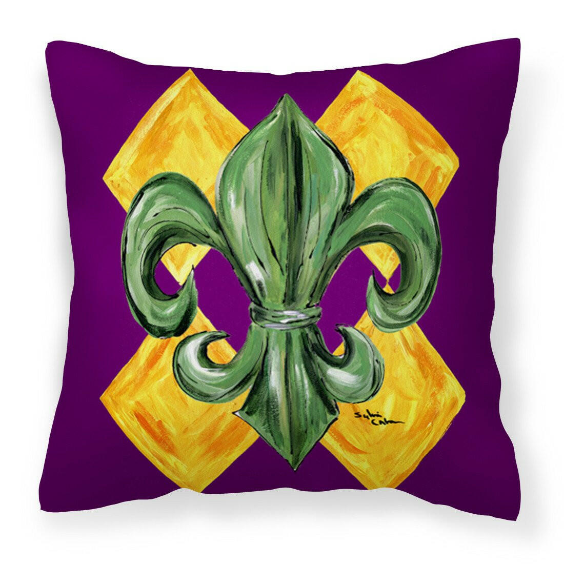Mardi Gras Fleur de lis Purple Green and Gold Fabric Decorative Pillow 8133PW1414 - the-store.com