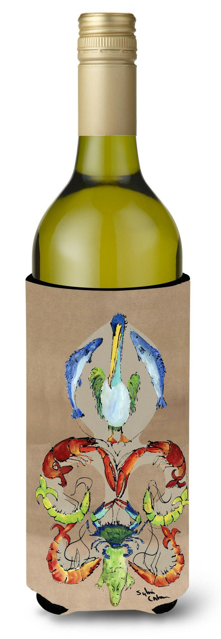 Crab Shrimp Pelican Crab and Gator Fleur de lis Wine Bottle Beverage Insulator Beverage Insulator Hugger by Caroline&#39;s Treasures