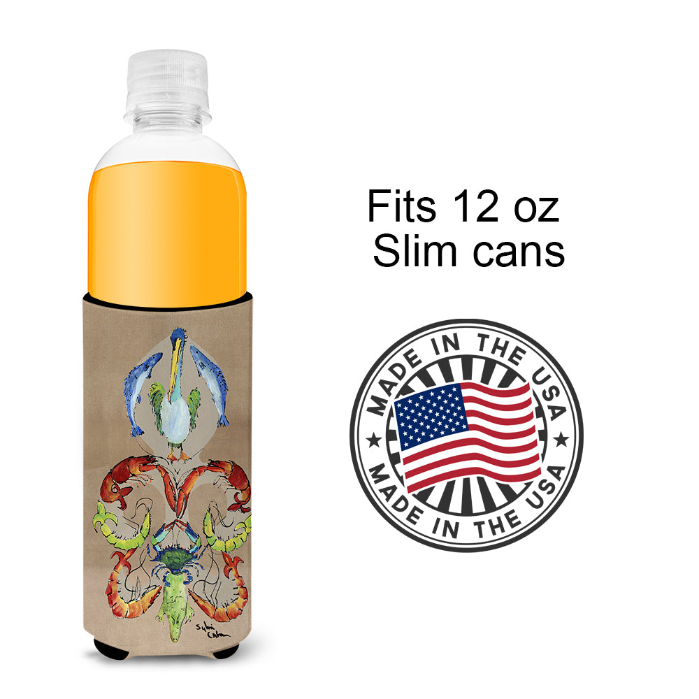 Crab Shrimp Pelican Crab and Gator Fleur de lis Ultra Beverage Insulators for slim cans 8134MUK.