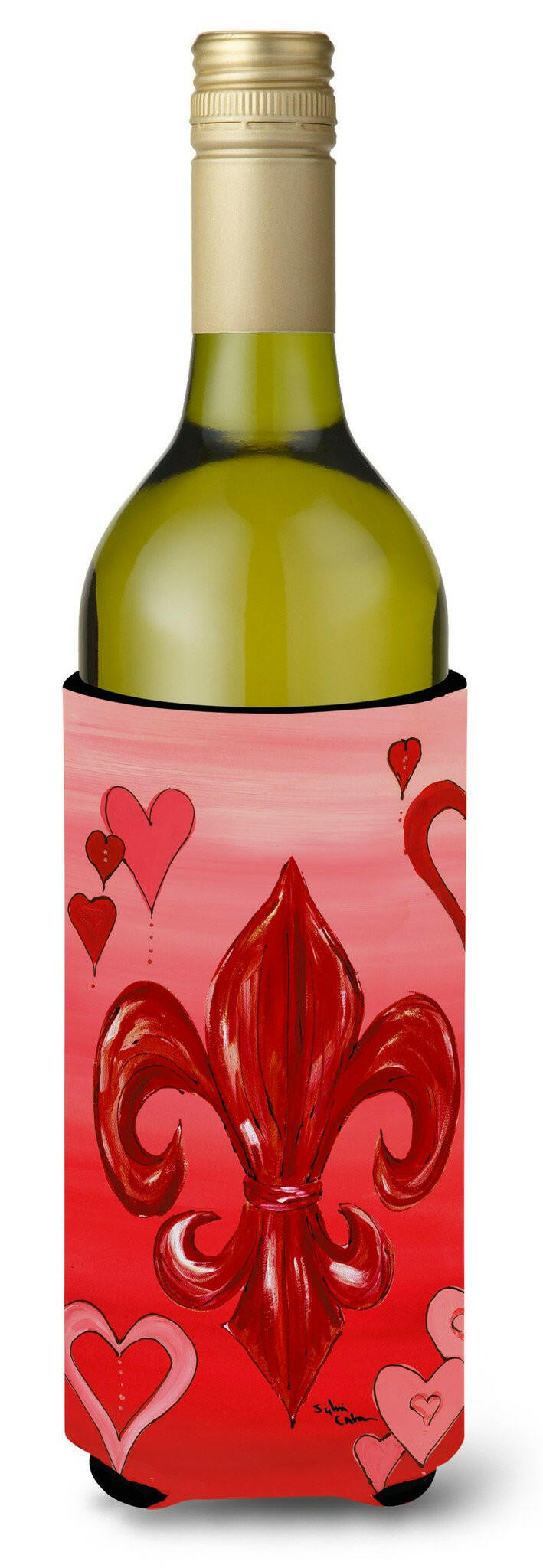 Valentine's Day Fleur de lis Wine Bottle Beverage Insulator Beverage Insulator Hugger by Caroline's Treasures