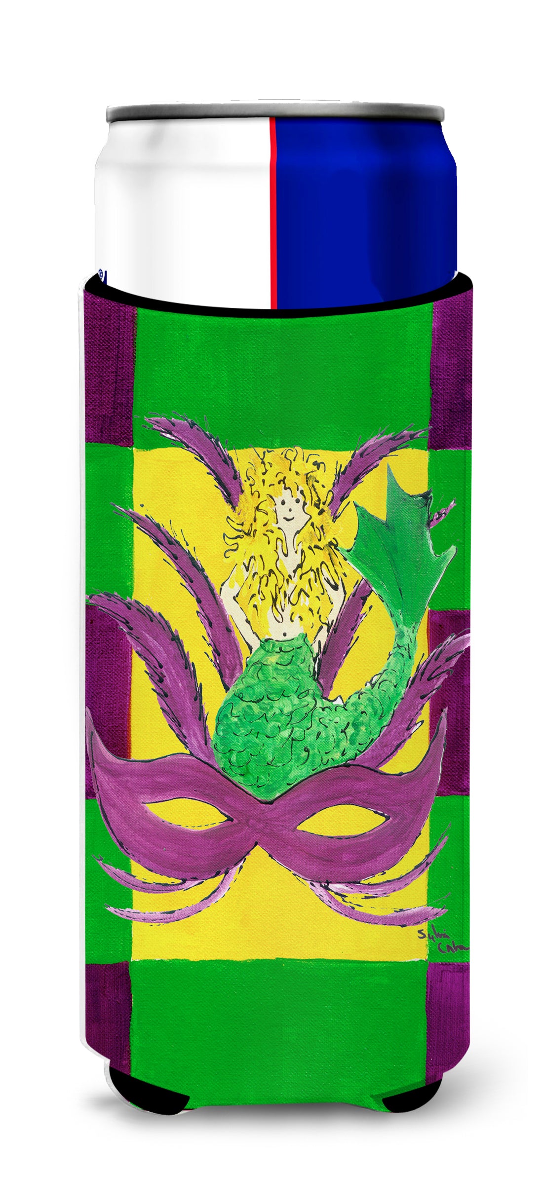 Mardi Gras Blonde Mermad with Mask Ultra Beverage Insulators for slim cans 8162MUK.