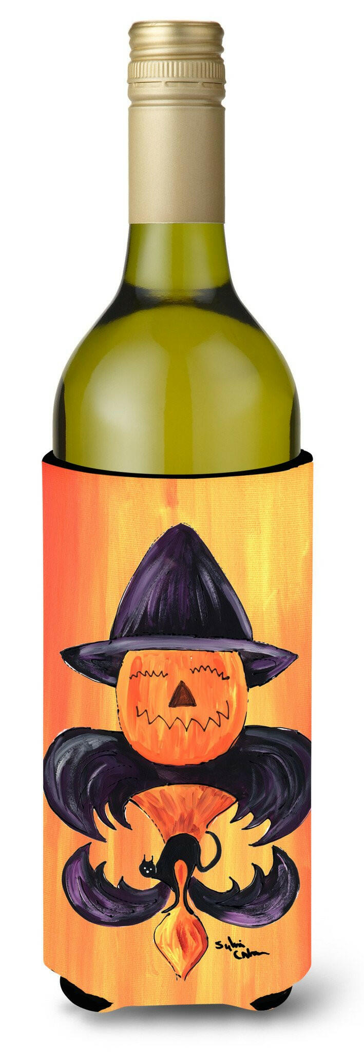 Halloween Pumpkin and Bat Fleur de lis Wine Bottle Beverage Insulator Beverage Insulator Hugger by Caroline&#39;s Treasures
