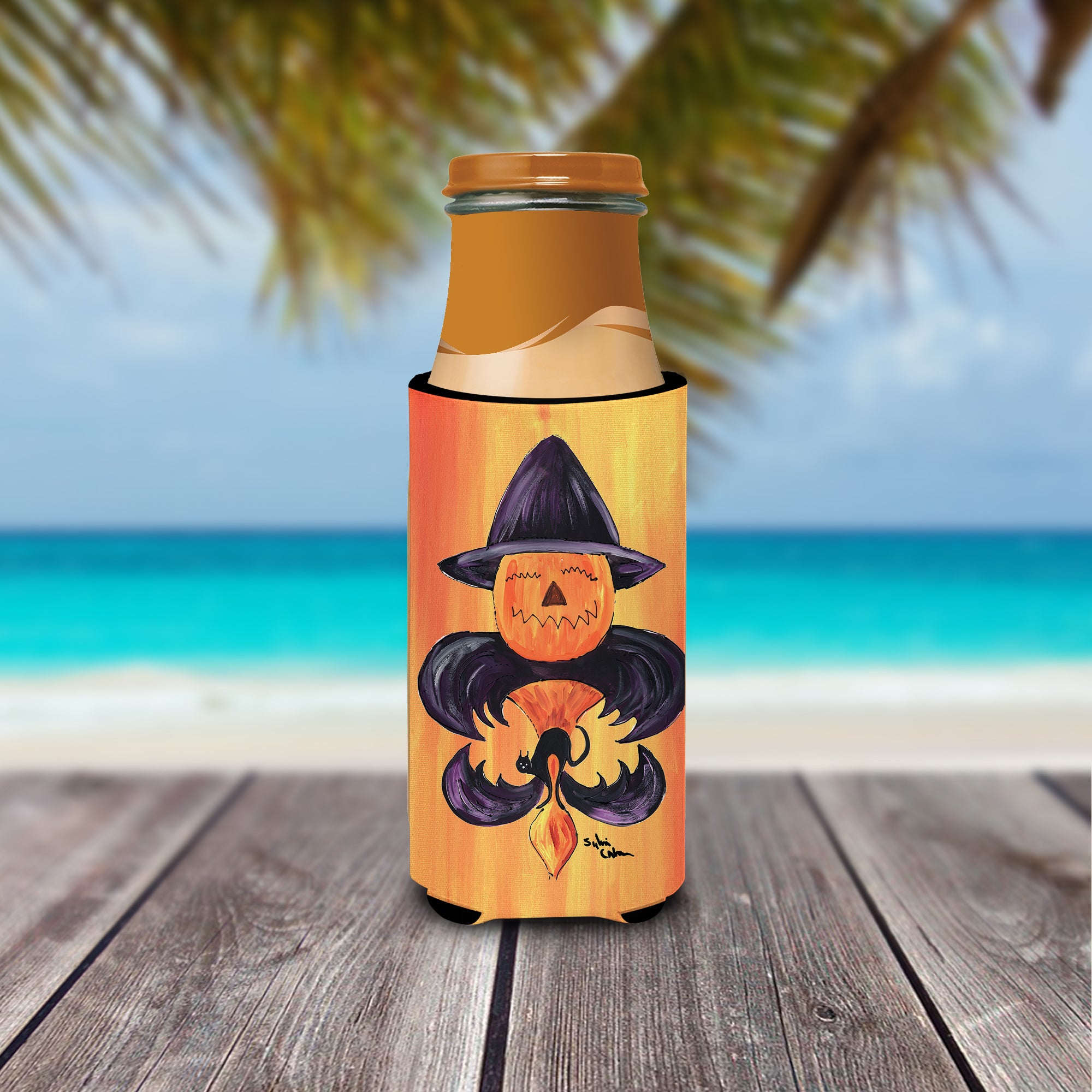 Halloween Pumpkin and Bat Fleur de lis Ultra Beverage Insulators for slim cans 8183MUK