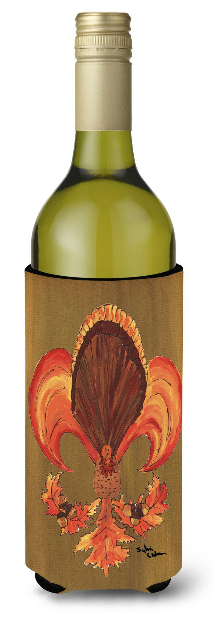 Thanksgiving Turkey and Fall Leaves Fleur de lis Wine Bottle Beverage Insulator Beverage Insulator Hugger by Caroline&#39;s Treasures