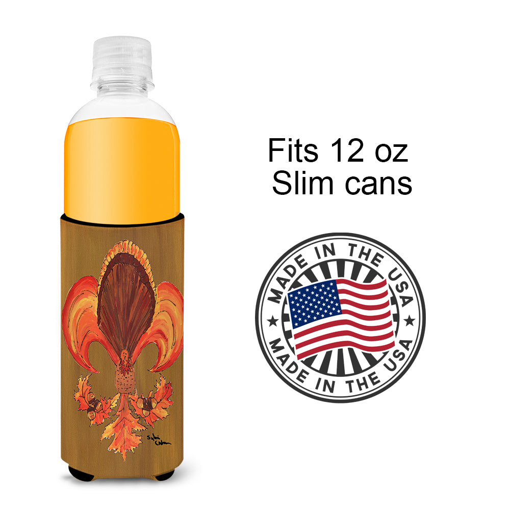 Thanksgiving Turkey and Fall Leaves Fleur de lis Ultra Beverage Insulators for slim cans 8184MUK