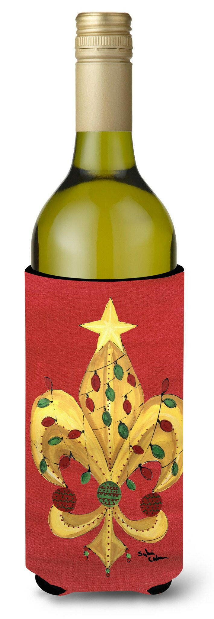 Christmas Tree with Lights Fleur de lis Wine Bottle Beverage Insulator Beverage Insulator Hugger by Caroline&#39;s Treasures