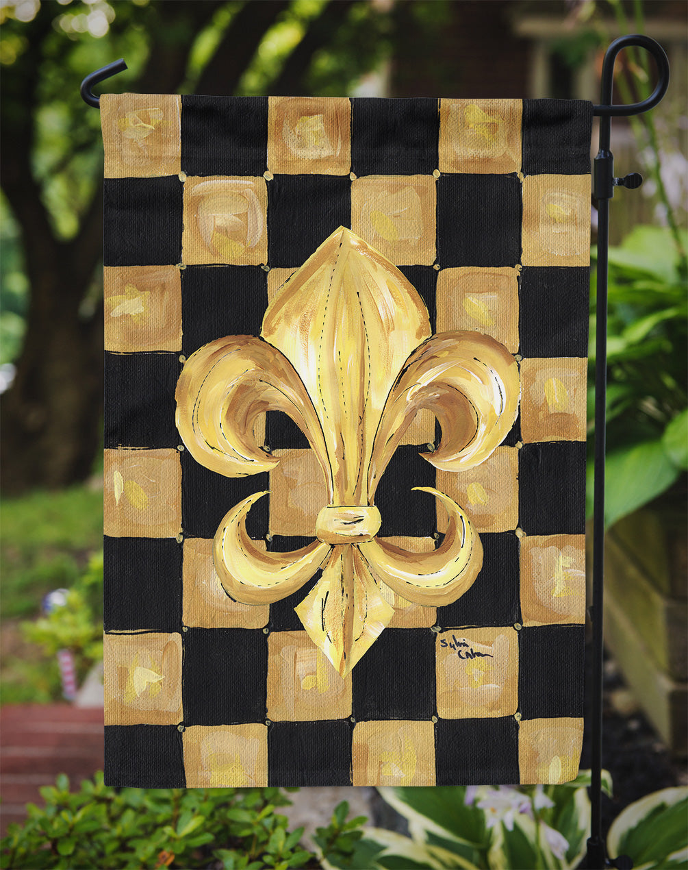 Black and Gold Fleur de lis checkered Flag Garden Size.