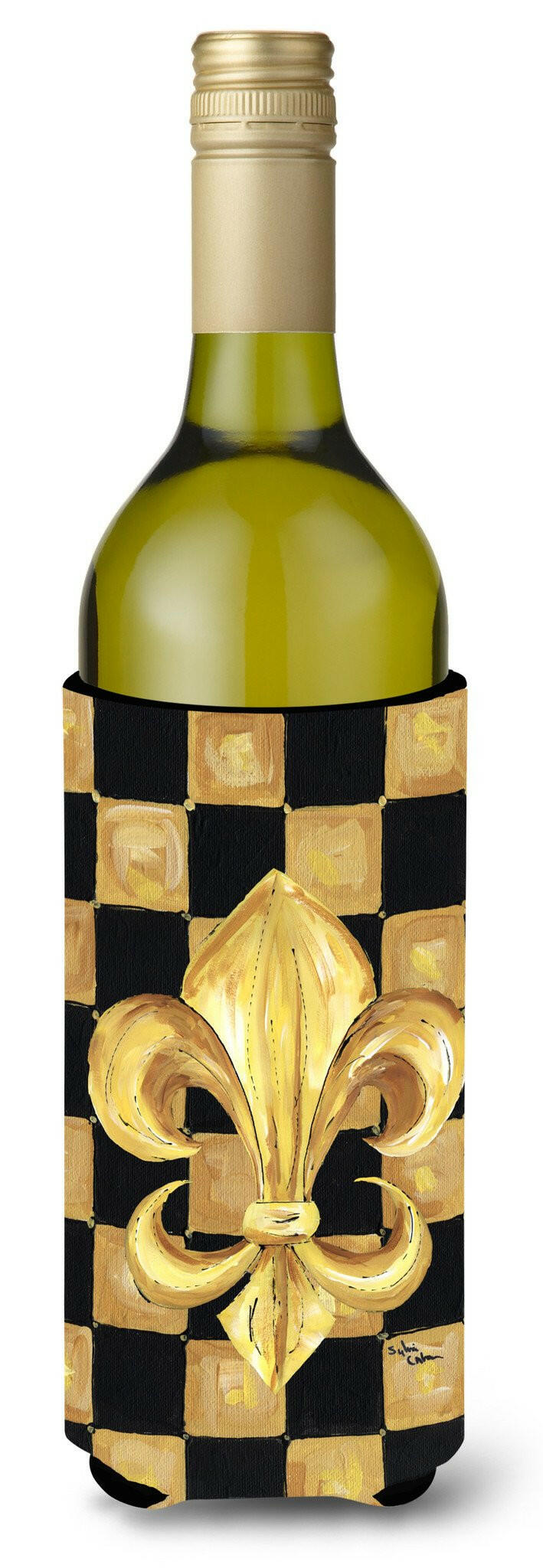 Black Gold Checkered Flag Fleur de lis Wine Bottle Beverage Insulator Beverage Insulator Hugger by Caroline's Treasures