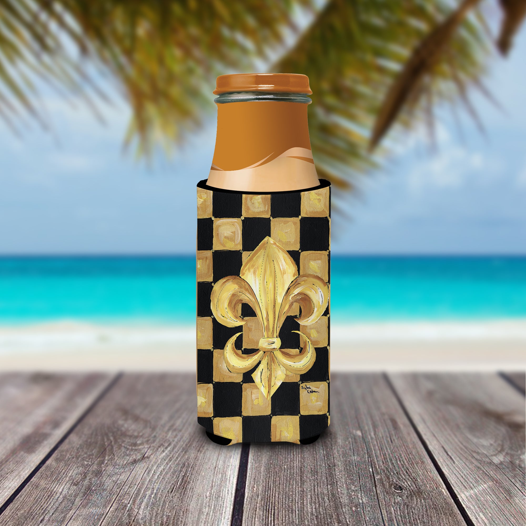 Black Gold Checkered Flag Fleur de lis Ultra Beverage Insulators for slim cans 8197MUK.