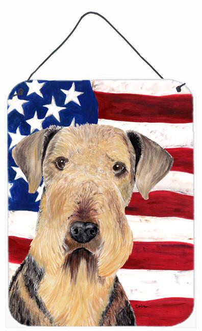 USA American Flag with Airedale Aluminium Metal Wall or Door Hanging Prints by Caroline&#39;s Treasures